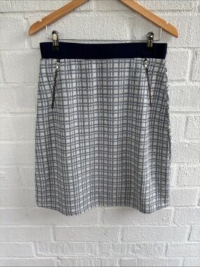 Le Lis Tweed Knit Navy Plaid Pencil Elastic Skirt sz L